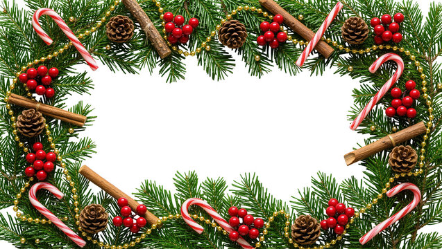 Christmas wreath with pine branches candy canes berries pinecones cinnamon sticks and golden beads, isolated on transparent background