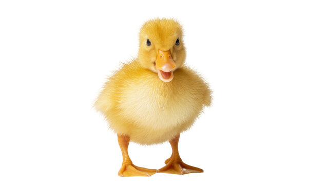 Fluffy yellow duckling with open beak, isolated on transparent background