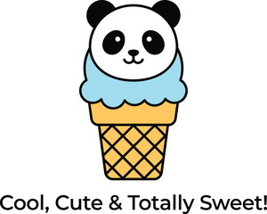 Kawaii panda ice cream cone vector, cute animal character dessert illustration, sweet blue scoop treat with cool panda face, whimsical summer snack graphic © Taimoor
