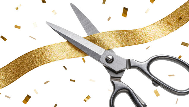 Shiny gold ribbon being cut by silver scissors, isolated on transparent background