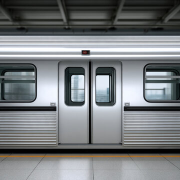 Side view of modern subway train with closed doors, metallic exterior, urban station, clean platform, city background
