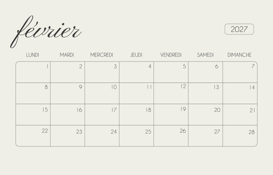 February 2027 French monthly calendar template horizontal landscape page. Minimalist script typography printable month planner grid with Monday start for corporate office, school study, schedule.