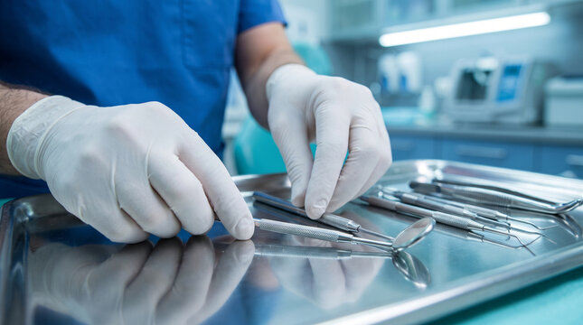 Man Inspecting Dental Instruments for Sterilization and Infection Control