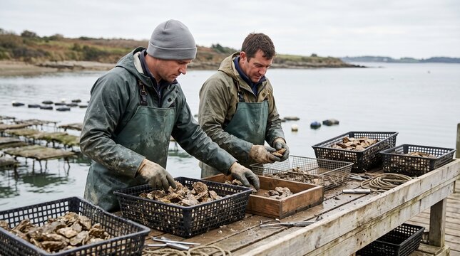 Aquaculture technicians grading fresh oysters into plastic mesh baskets at outdoor coastal sorting table, representing sustainable oyster cultivation and marine harvest