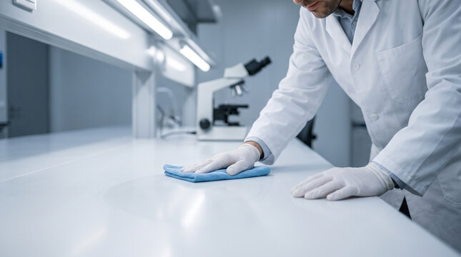 Sterilization and Infection Control: Man Wiping Laboratory Surface