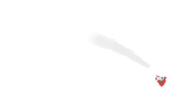 A rocket followed by smoke carrying a cardboard package towards a location marker at the edge of the screen.