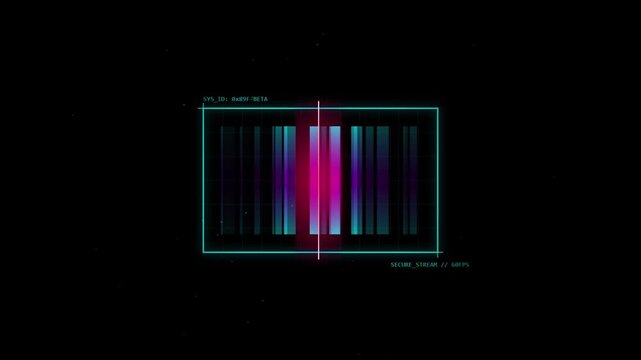Digital data visualization of barcode scanner with colorful lines on black background, motion video