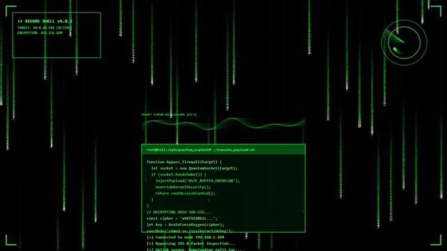 Close-up of a computer programmer working by green code in a dark digital environment, motion video