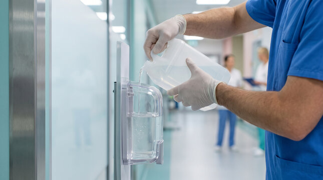Man Refilling Dispenser for Sterilization and Infection Control