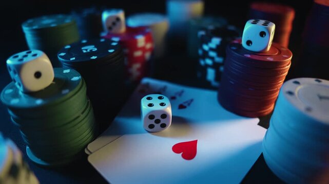 Casino chips with dice and cards on dark table. Poker game, gambling entertainment and betting concept