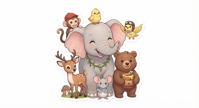 Cute cartoon group of animals including elephant, deer, bear with honey pot, monkey and little birds vector sticker