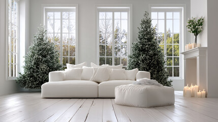 Fototapeta premium White sofa, frosted Christmas tree, large window, modern living room, candles, winter, cozy
