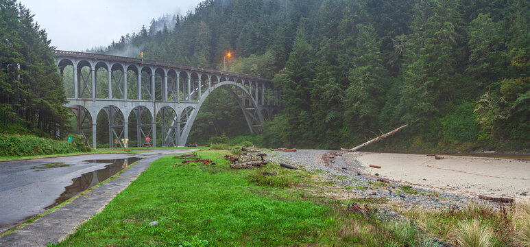 Beautiful wide panoramic view of a historic concrete arched bridge in a misty pine forest