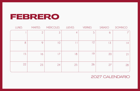 February 2027 Spanish monthly calendar template horizontal landscape page. Minimalist printable month planner grid for corporate office, school study, family schedule and event planning.