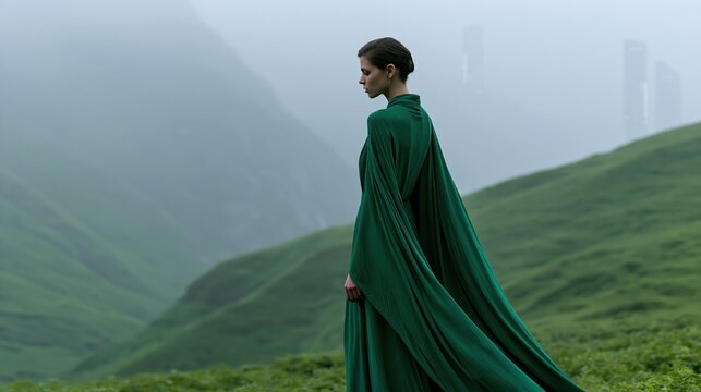 Woman in long green cloak walking across misty rolling hills for editorial background and cinematic landscape design
