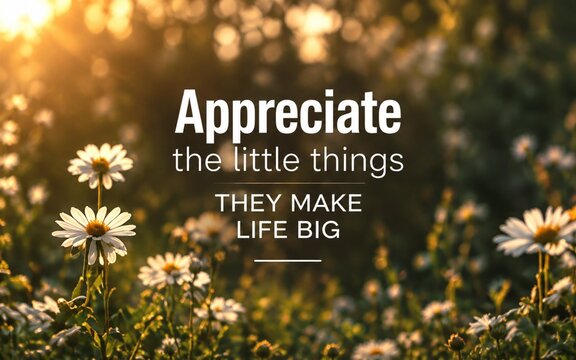 Nature inspired appreciation quote highlighting the value of little things, gratitude, happiness, and meaningful moments in life.