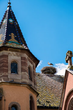 Stork in a nest on the bell tower in Eguisheim