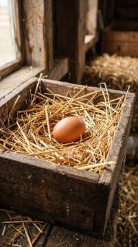 single brown egg in wooden box filled with straw rustic charm natural daylight organic style