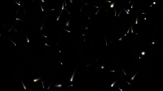 Close-up of glowing fireflies flying motion in dark night sky with natural light