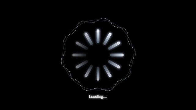 Close-up of a digital loading icon with the word loading motion on a black background
