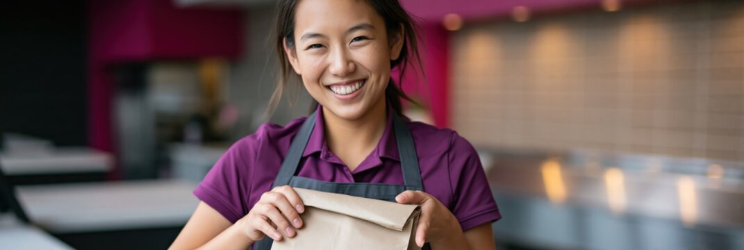 Smiling fast food worker presenting paper bag for takeout order closeup for restaurant banner and delivery design