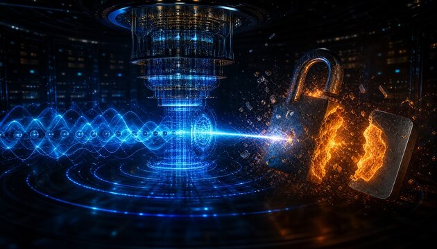 Quantum Computer Beam Breaking Traditional Encryption Padlock Security Concept