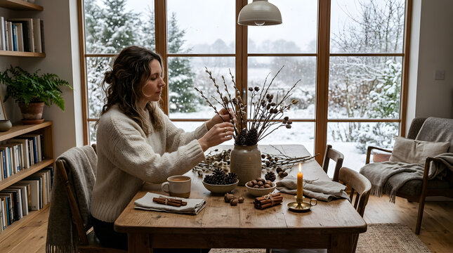 Woman arranges winter botanical decorations at a wooden table