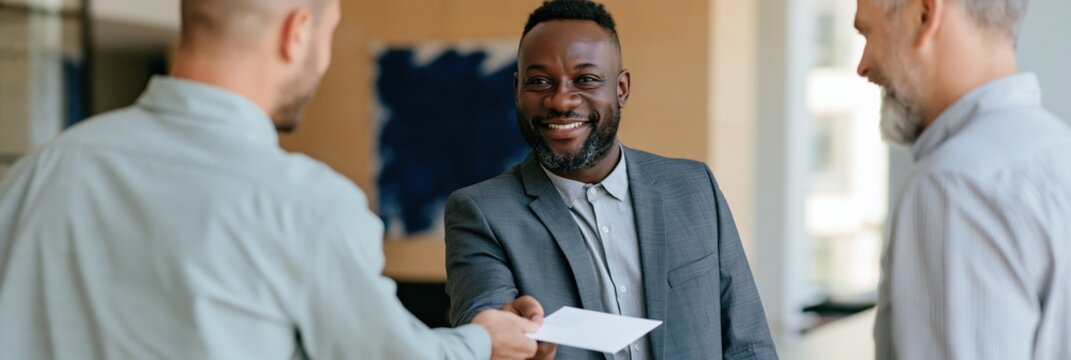 Businessman receiving an envelope with a handshake in a bright office for corporate banner and background