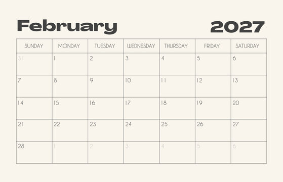 February 2027 monthly calendar template horizontal landscape layout. Minimalist vintage bold typography printable month planner with Sunday start for winter holiday and office planning.