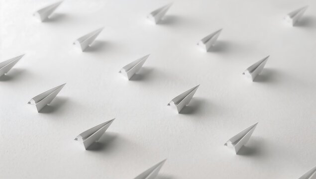Generative AI white paper airplanes arranged evenly on a white surface