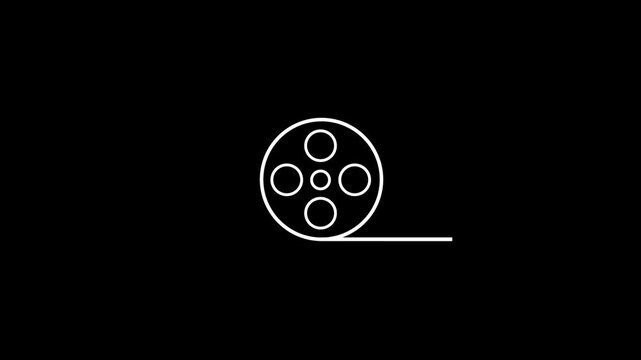 Animated line art movie film reel icon unrolling on black background. Creative motion graphic design ideal for cinema, film production, video editing, and media concepts.