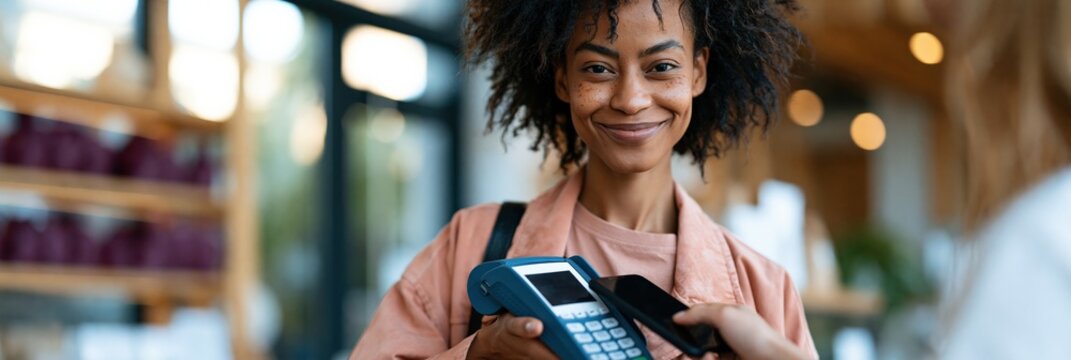 Female customer smiling while using a contactless card reader for store banner and online checkout background highlighting friendly retail service
