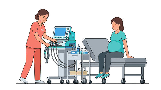 Doctor performing ultrasound on pregnant woman, medical examination, isolated