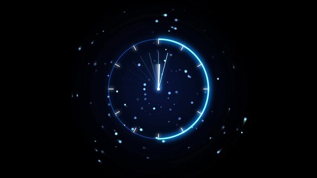 Glowing digital clock interface with circular progress bar motion and floating light particles