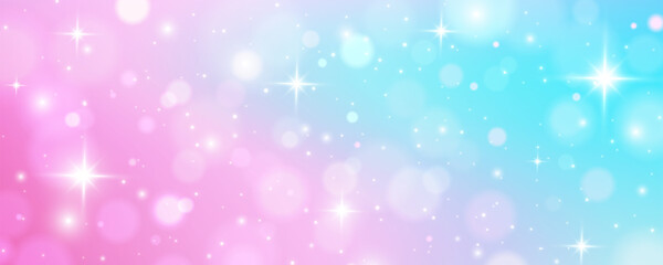 Obraz premium Glitter unicorn background with pink pastel rainbow gradient and sparkling princess magic. Fairy sky with soft star light and iridescent bokeh effects. Sweet kawaii texture for baby wallpaper design.