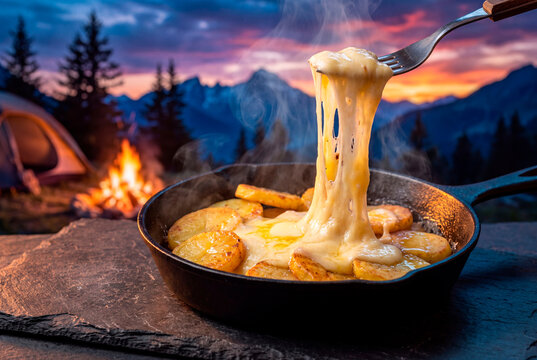 Mouth-watering sizzling Fontina cheese pull at sunset