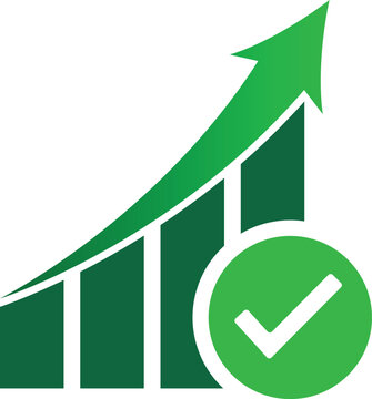 Business growth chart with upward arrow and check mark symbolizing success and progress in financial or marketing analysis
