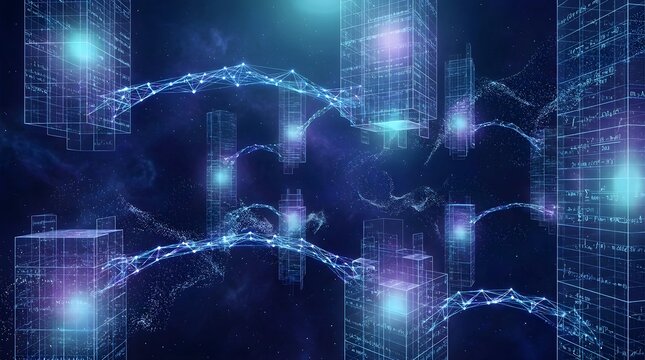 Abstract futuristic digital network connecting glowing city structures