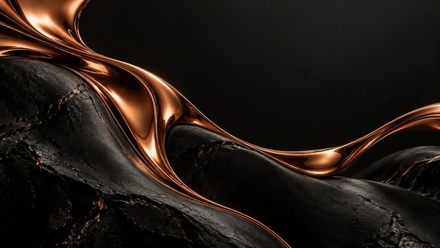 Liquid copper ribbons flowing across matte obsidian luxury surface