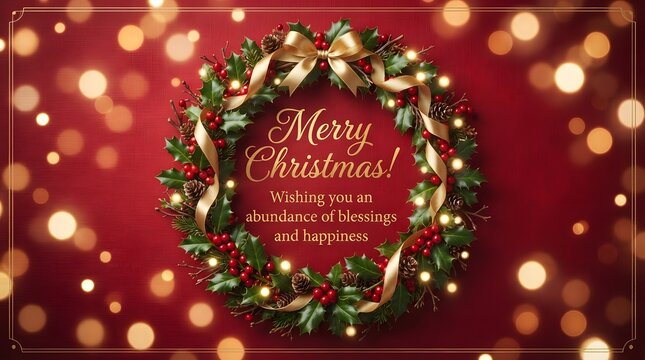 Beautiful christmas wreath with holly berries, pine cones, and gold ribbon on a red wooden background with golden bokeh lights