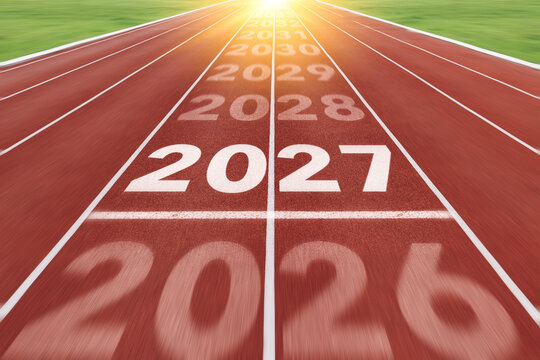 Running track with new year number 2027. Start to new year 2027 plans, goals, challenge concept.