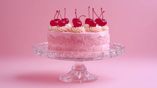 Beautiful Pink Cake with Cherry on Glass Stand