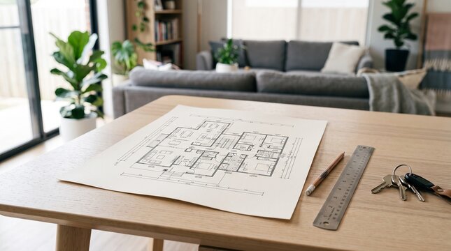 Architectural blueprint with keys and ruler on a wooden table in a modern living room during daytime