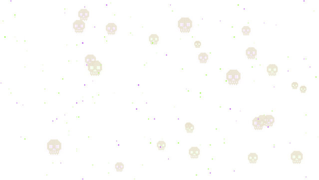 Scattered bone white pixel skulls with toxic green and purple glow and floating particles on transparent background