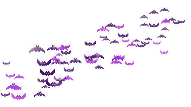 Swarm of purple pixel art bats with glowing orange eyes flying diagonally, Halloween overlay on transparent background