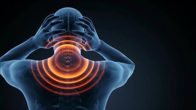 3D anatomical video animation of a human figure holding their head showing internal brain and spine.