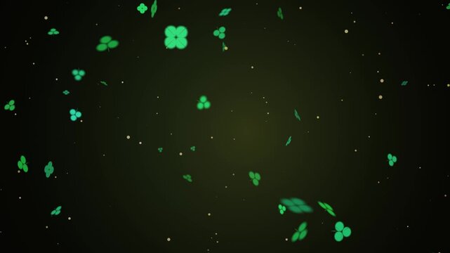 Shamrocks and four leaf clovers tumbling down through gold glitter over a dark green background, seamless 4K loop