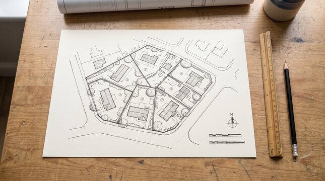 Architectural site plan drawing with houses and landscaping on a wooden desk with ruler and pencil