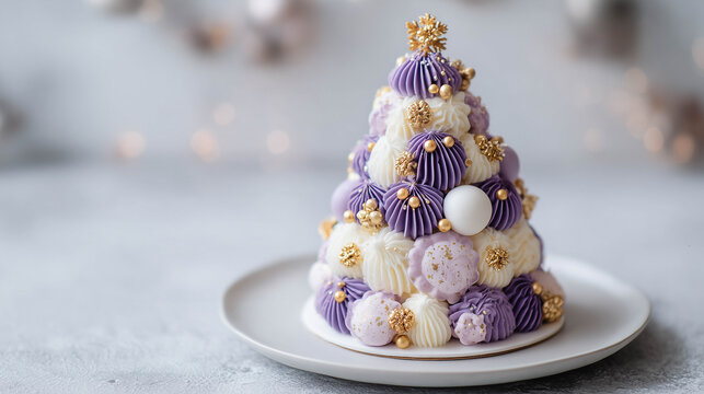 Christmas Tree Shaped Cake in Purple White and Gold