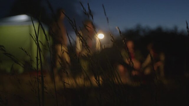 Group of men camping in the wild and gather near the bonfire and talk with each other. Fishermen camping and talk stories at night